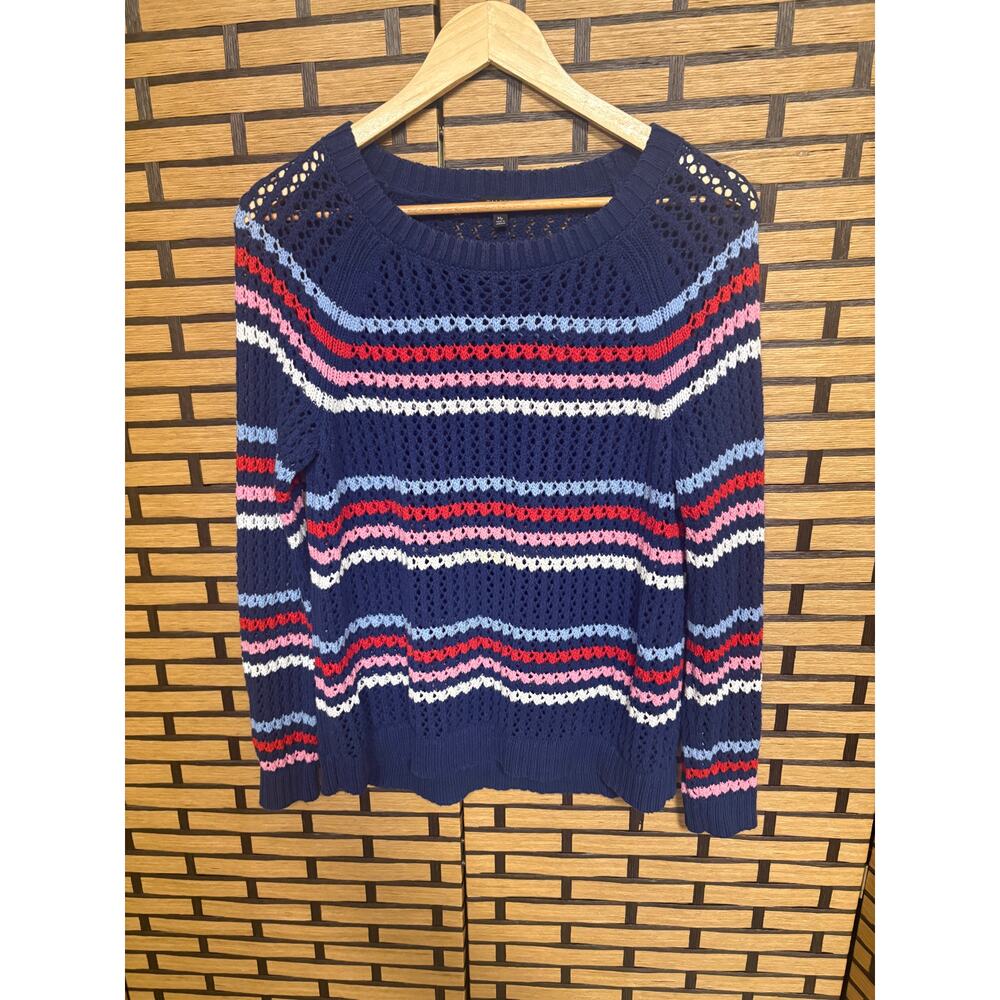 Talbots Navy Stripe Open‎ Knit Sweater Size Medium Petite